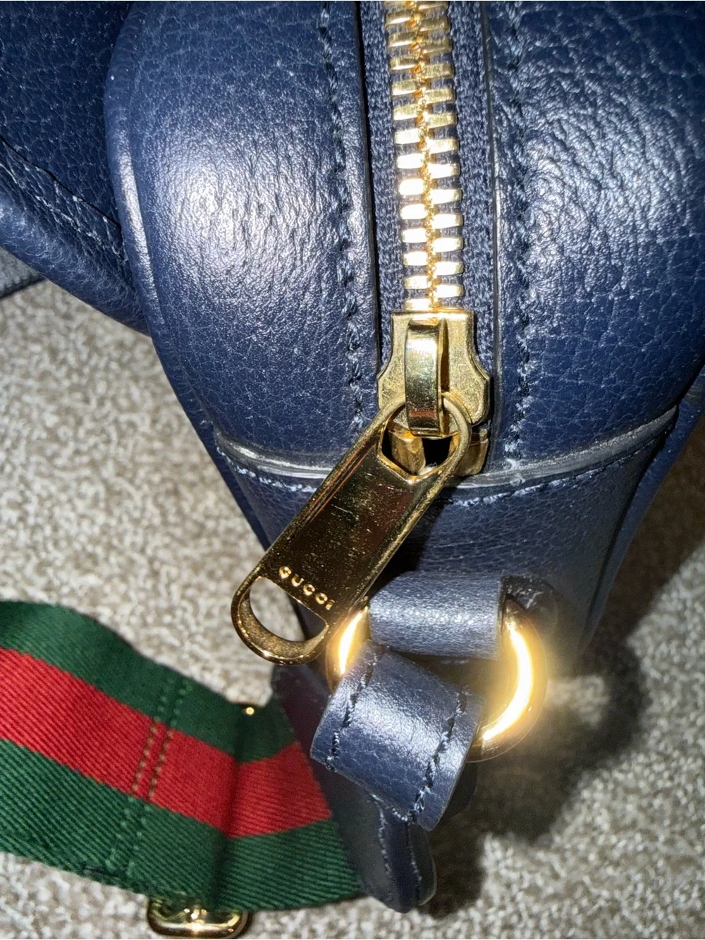 Gucci Navy Leather Crossbody with Red Stripe and Green Strap